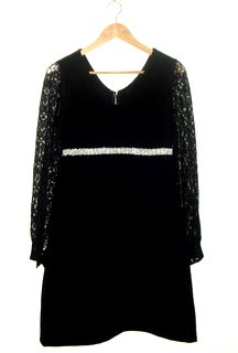 vintage black shift dress, lace sleeves, empire waist, jewel detailing, 1960s, England